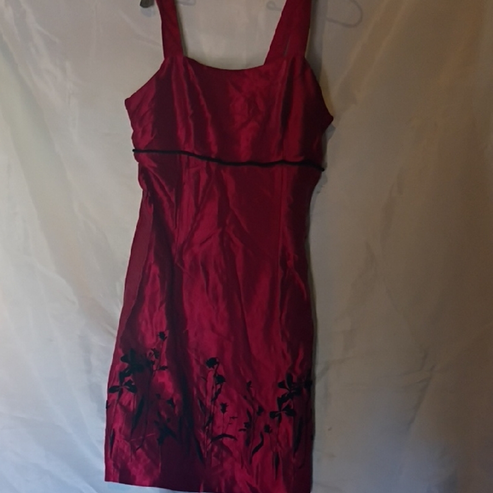 Younique Crimson Satin Mini Dress with Black Floral Detail